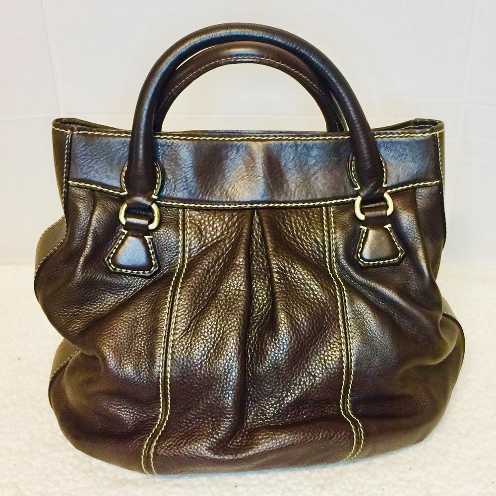 Buti Italy Dark Brown Pebbled Leather Satchel Handbag Contrast Stitch Brass Lock - Picture 3 of 14